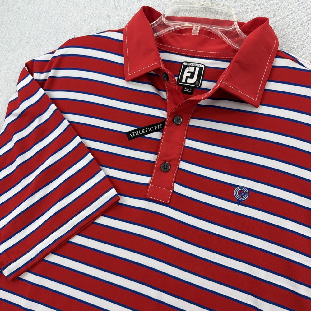 FootJoy Polo Shirt Mens XL Red White Blue Stripe Athletic Fit Short Sleeve Golf